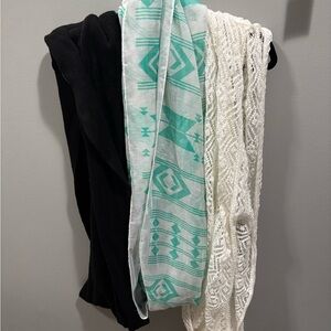 Set of Three Scarves - Black, Turquoise, and White
